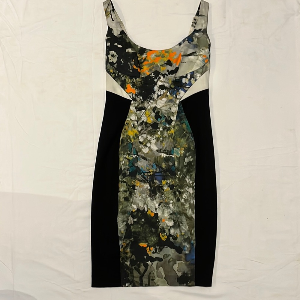 Black Halo cocktail dress with abstract print, size 2